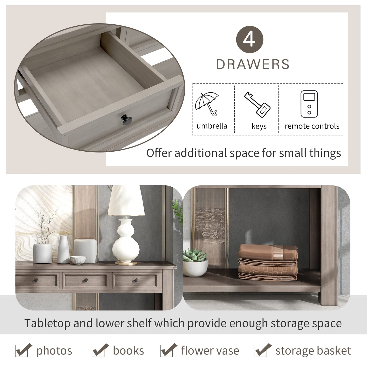 Brisca Solid Wood Console Sofa Table with 4 Drawers and Tabletop,Bottom Shelf for Entryway Hallway or Living Room,Space Saving,Easy to Assemble,Gray Wash,63" L×14" W×30" H