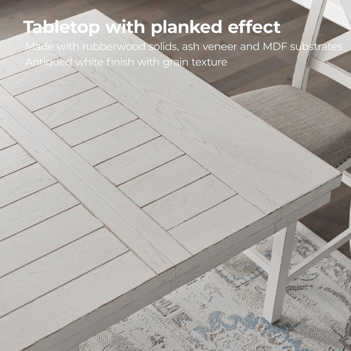 Signature Design by Ashley Robbinsdale Farmhouse Distressed Counter Height Dining Extension Table with Trestle Base, Planked Effect and 2 Removable End Leaves, White