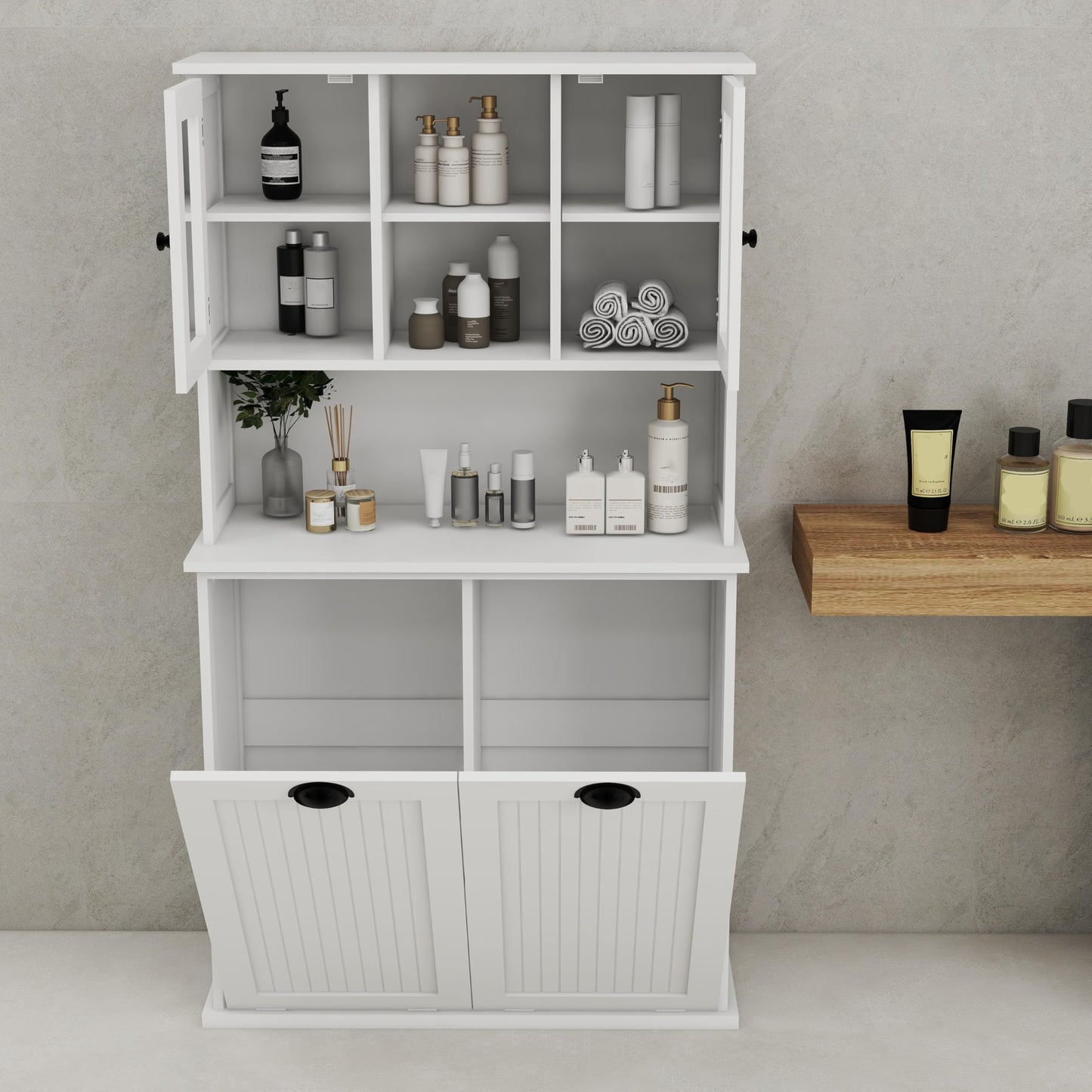 Gecheer Two-Compartment Tilt-Out Dirty Laundry Basket Cabinet - Space-Saving and Functional Storage Cabinet Organizer, Storage Unit Shelves, for Bathroom Living Room Dining Kitchen YJXW1120S00001