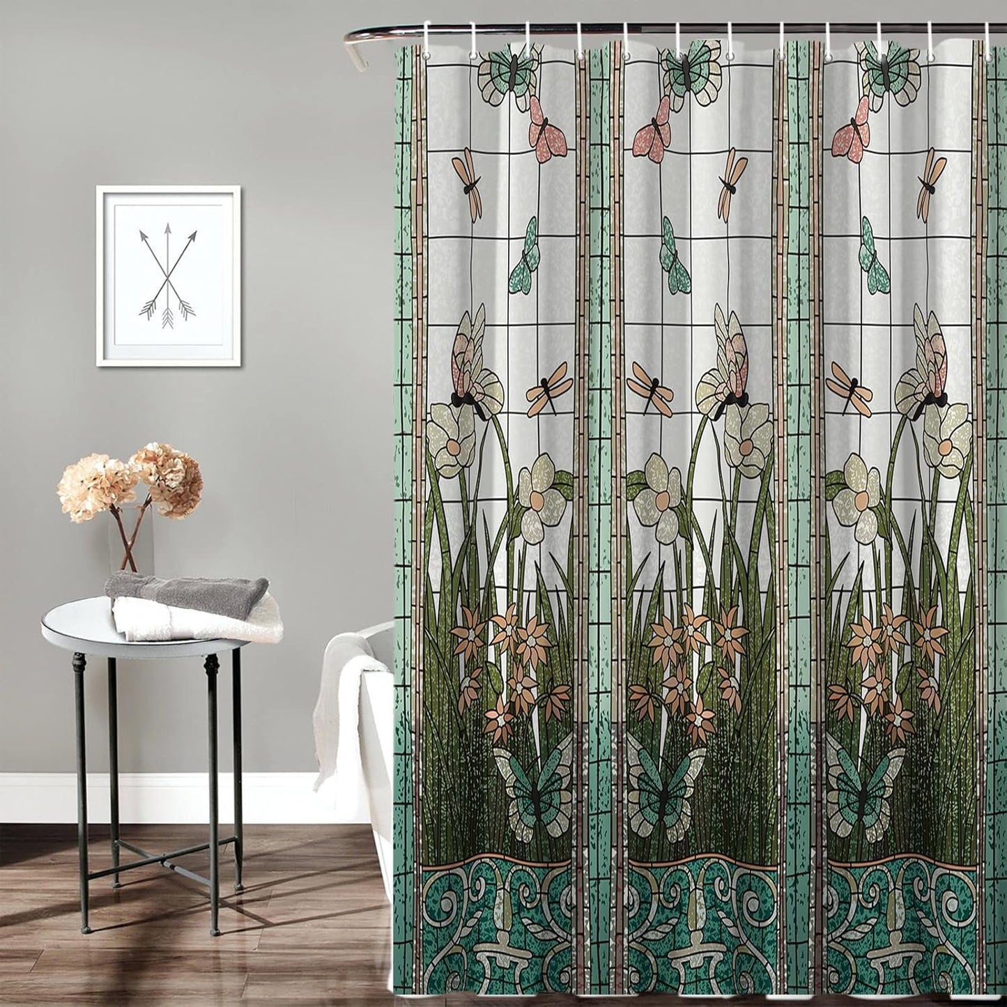 Extra Long Flower Dragonfly Waterproof Bathroom Fabric Shower Curtain 84 inch Bath Curtain