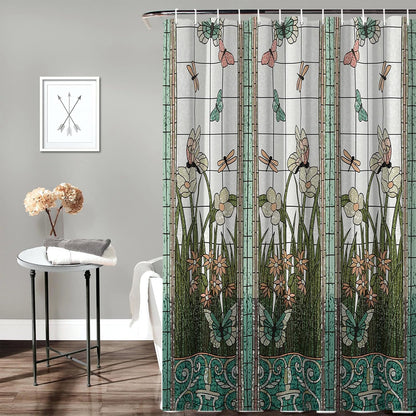 Extra Long Flower Dragonfly Waterproof Bathroom Fabric Shower Curtain 84 inch Bath Curtain