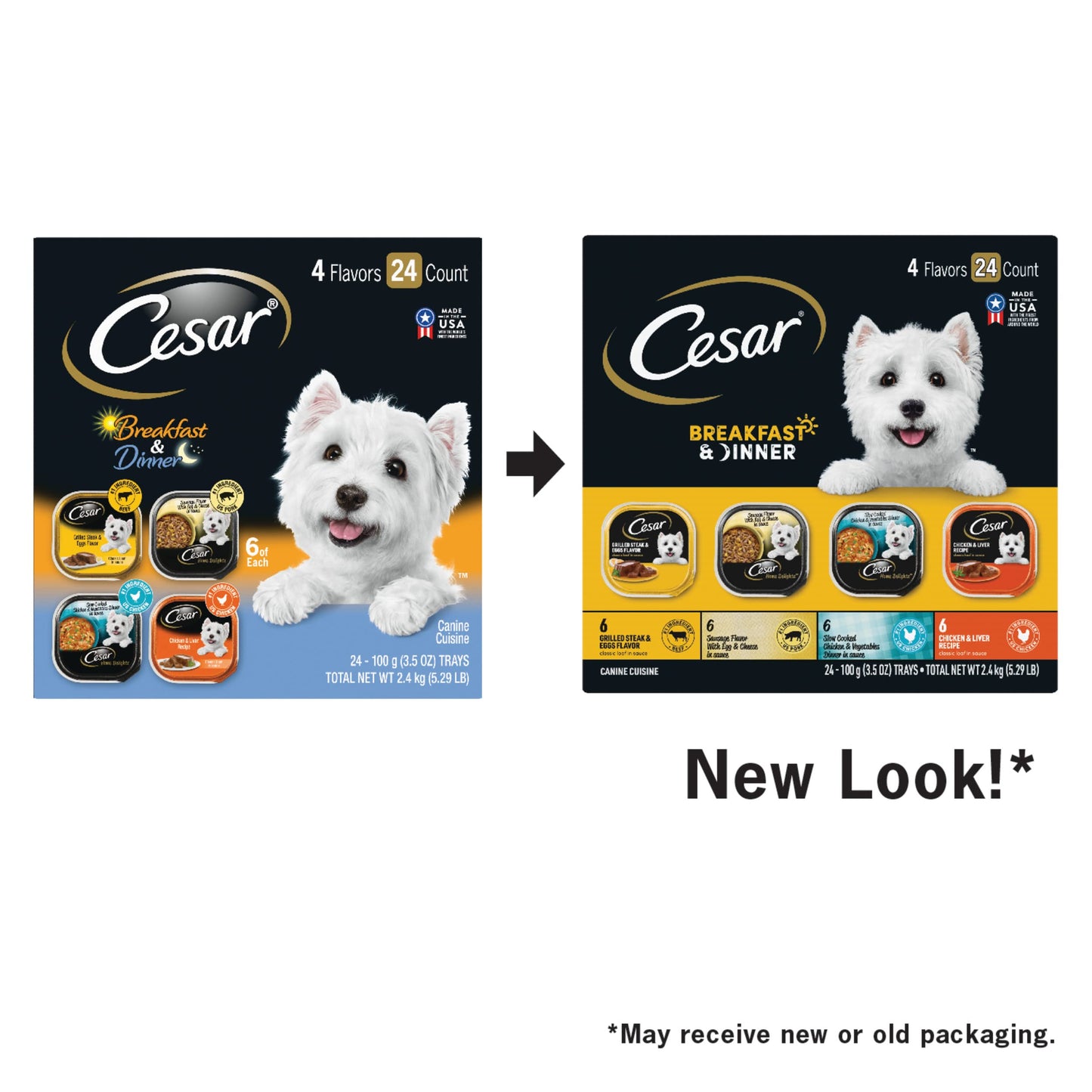 Cesar Wet Dog Food Home Delights & Classic Loaf in Sauce, Breakfast & Dinner Variety Pack, 3.5 oz. Easy Peel Trays (24 Count, Pack of 1)