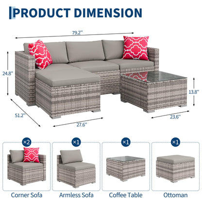 GAOMON 5-Piece All-Weather Patio Furniture Set, Convertible Outdoor Sectional Sofa with Ottoman & Tempered Glass Table, PE Rattan Conversation Set for Garden, Backyard, Porch, Poolside