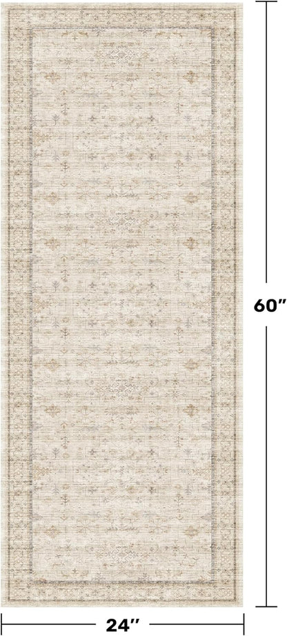 Skiennix Cream 2x5 Runner Rug - Geometric Floral Design, Washable for Bathroom & Entryway, Soft Non-Slip Beige Carpet