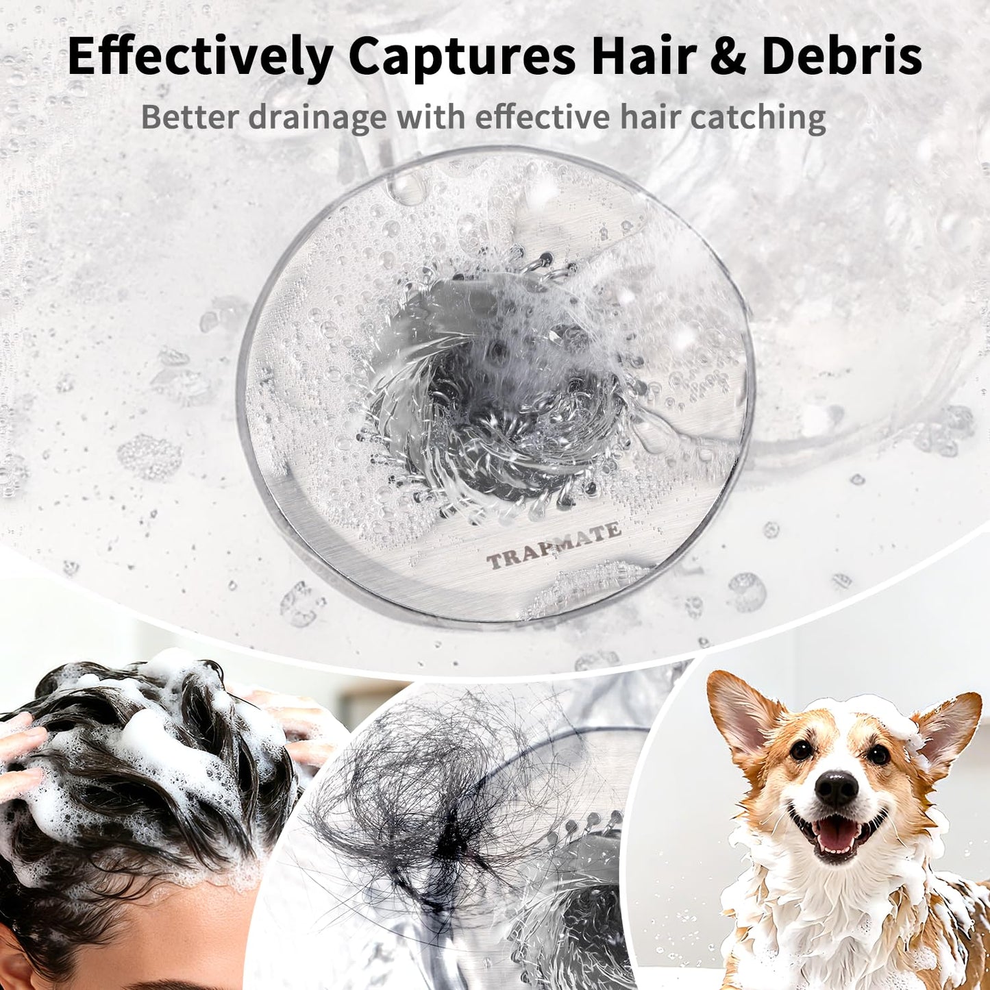 TRAPMATE Bathtub Stopper Drain Strainer Kit, Easy Clean Tub Shower Drain Hair Catcher, Anti-Clog Stainless Steel Sink Cover, Drain Protector for Bathroom Sink & Wash Basin (Patented Product)