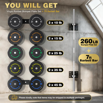 Rendpas 2-Inch Olympic Bumper Plates, 100% Virgin Rubber Low Bounce Barbell Weight for Home Gym Strength Training, 10lb-45lb Black with Color-Coded
