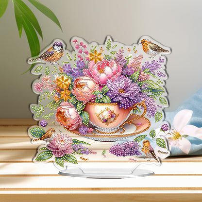 C'eitura 2D Flat Acrylic Diamond Art Painting Kit, Flower in Cup Special Shaped Diamond Art for Desk Decor, DIY Desktop Ornament for Adults & Beginners, Cute Home Office Decoration 24x22cm