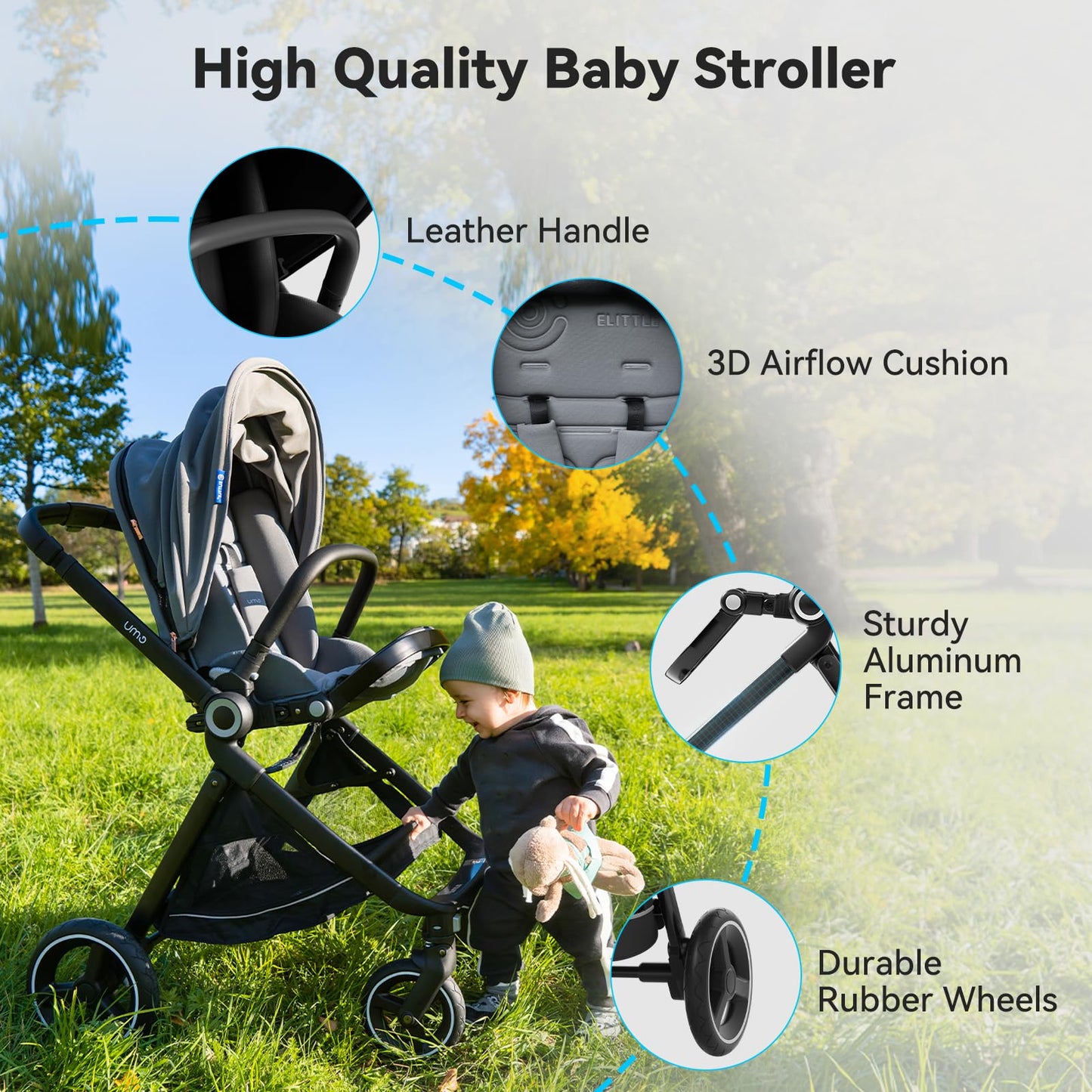 ELITTLE EMU Baby Stroller with Reversible Seat Full-Size Infant Stroller with Full Recline Cockpit Compact Foldable Toddler Carriage for Outdoor City - Black