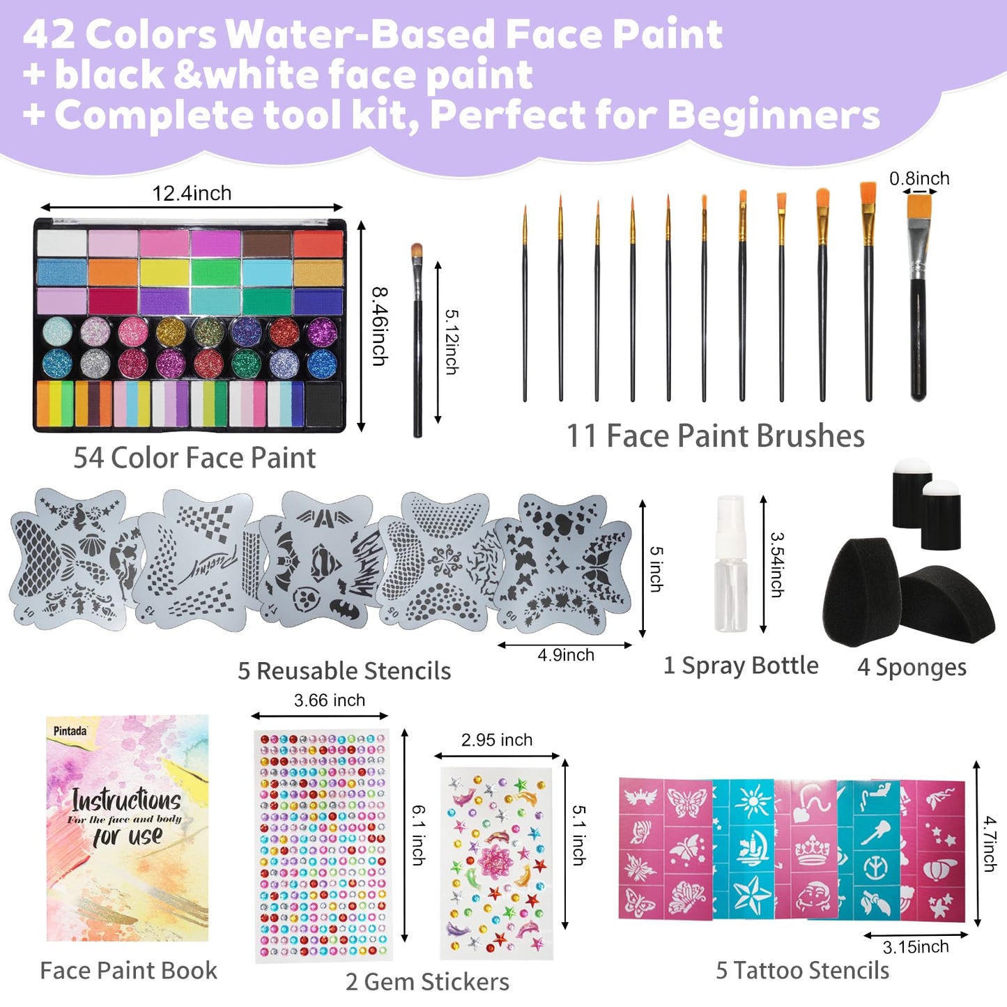 42 Color Face Painting Kit - Non-Toxic Water Activated Face & Body Paint Set with Stencils, Brushes, Sponges - For Halloween, Carnival, Birthday Parties, Costume Makeup, Festivals & Events