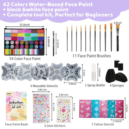 42 Color Face Painting Kit - Non-Toxic Water Activated Face & Body Paint Set with Stencils, Brushes, Sponges - For Halloween, Carnival, Birthday Parties, Costume Makeup, Festivals & Events