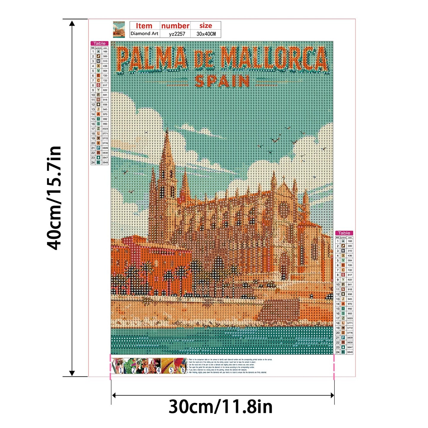 JZHYOAN Palma De Mallorca Vintage Travel Poster Diamond Painting Church Gem Art and Craft 5D Full Drill Crystal Rhinestone Round for Wall Decro Spain Landscape Diamond Art Travel Poster 30x40cm