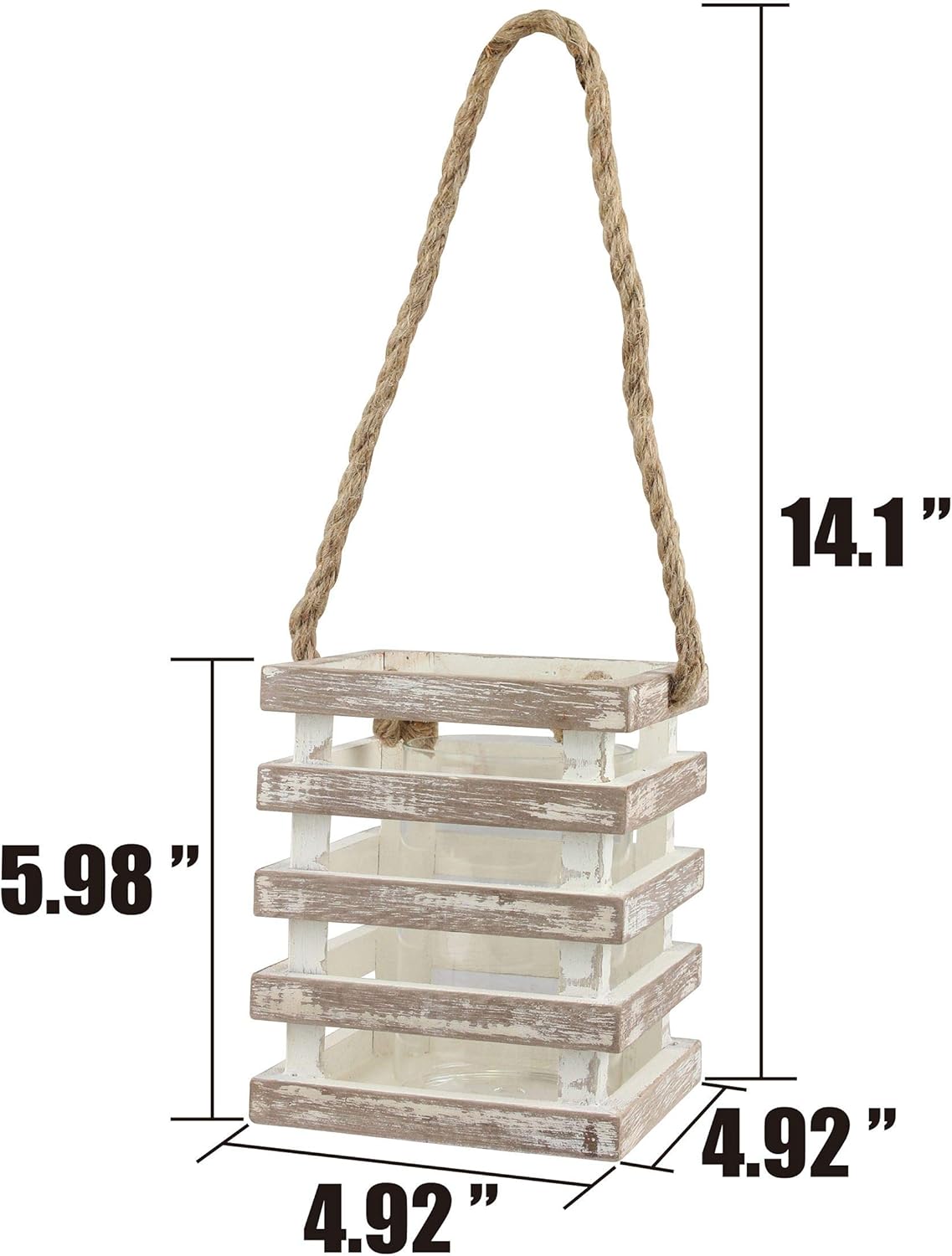 Stonebriar Small Worn White Wooden Candle Lantern with Removable Glass Cylinder Hurricane and Rope Handle