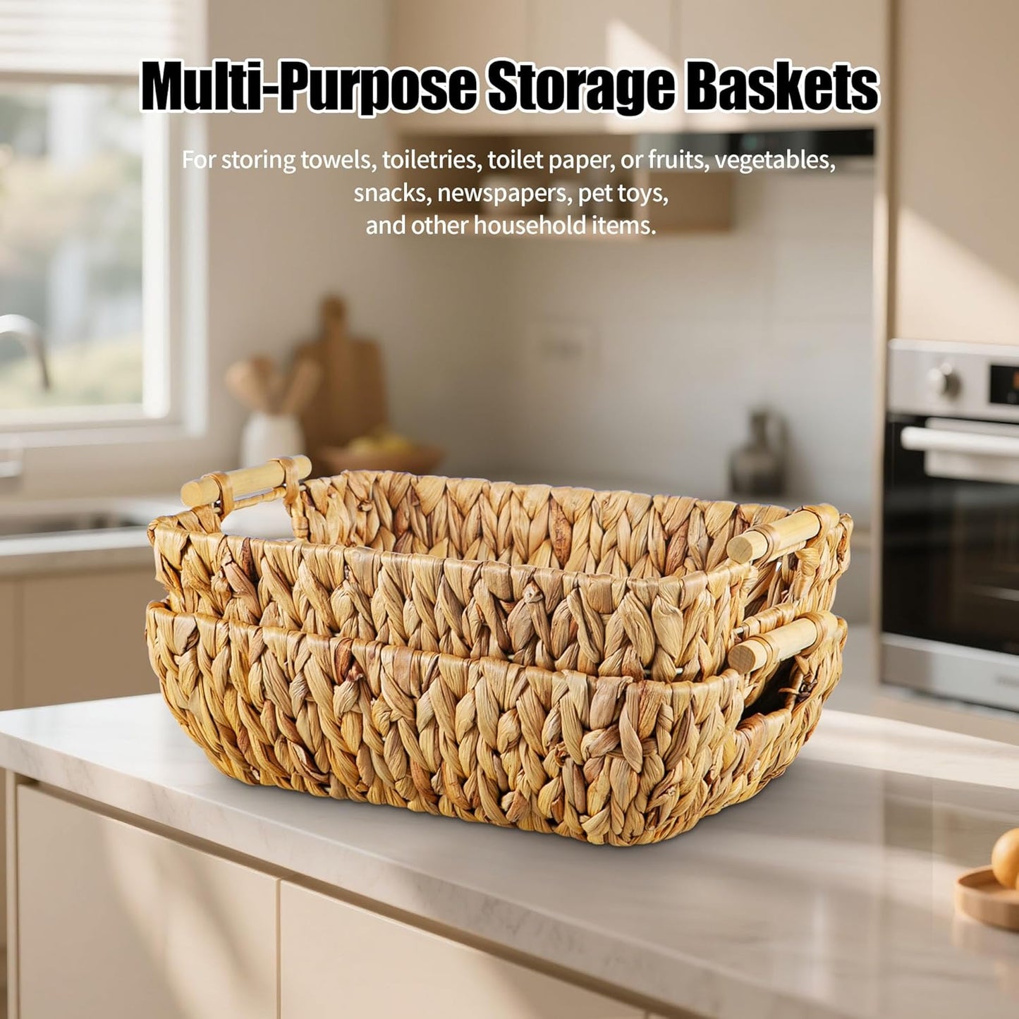 Mowtanco Woven Storage Baskets - Handwoven Water Hyacinth Baskets with Wooden Handles | Set of 2 Medium