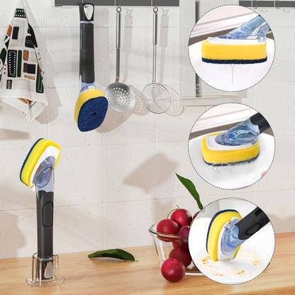 Dish Brush with Soap Dispenser Storage Set with 2 PCS Sponge Refills & Holder, Soap Dispensing Dish Brushes, Sponge with Soap Dispenser Handle, Dish Sponges with Handle for Dishes Pans Pots Sink