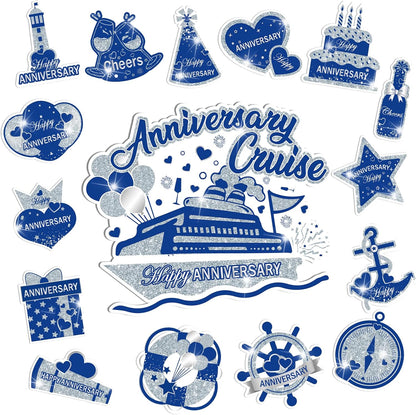 Happy Anniversary Cruise Door Magnets, Blue Silver Magnetic Decorations for Wedding Party, Refrigerator Decor
