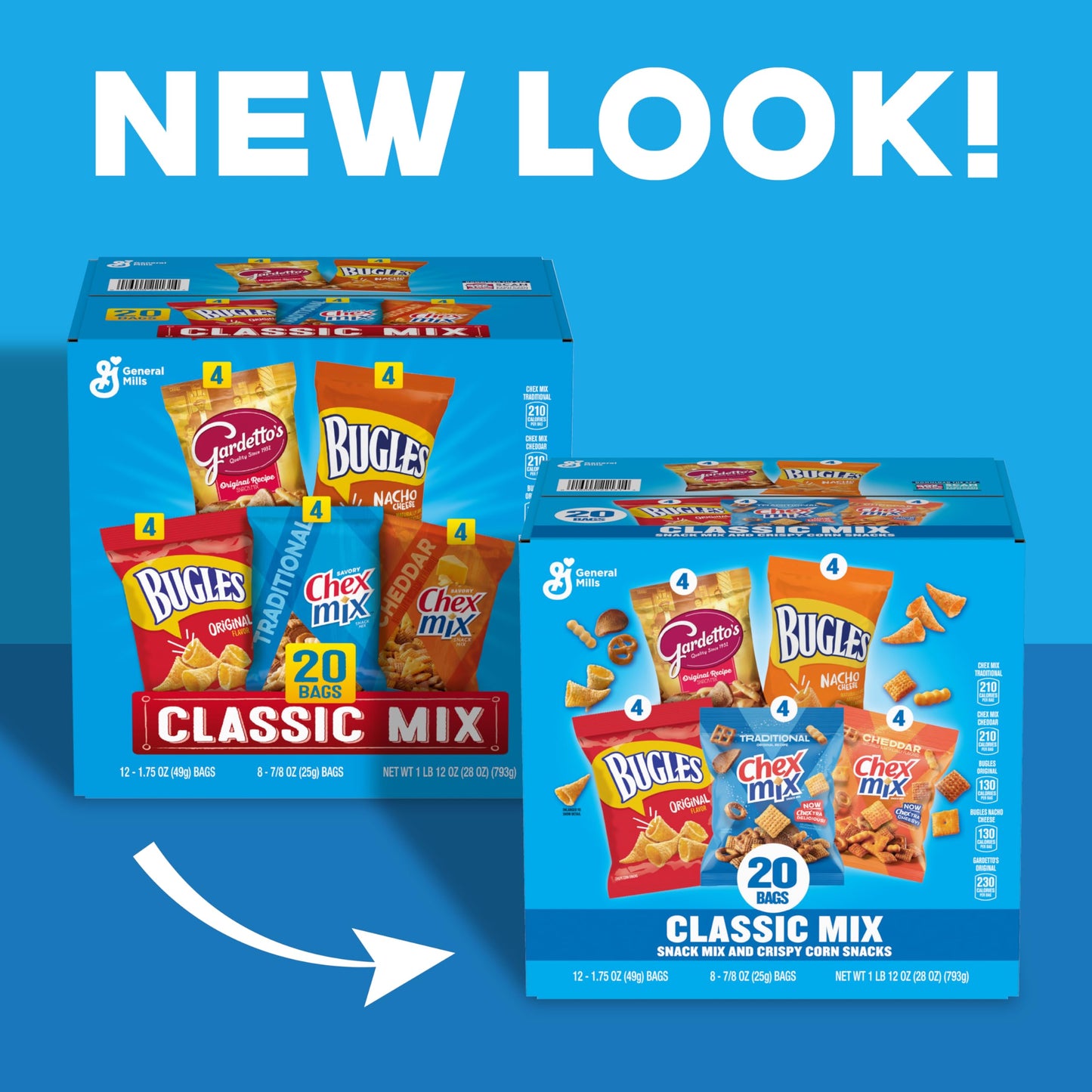 Classic Mix Snack Variety Pack, Bugles Original and Nacho Cheese, Gardetto's Original Recipe, Chex Mix Traditional and Cheddar, 20 Ct, 28 oz