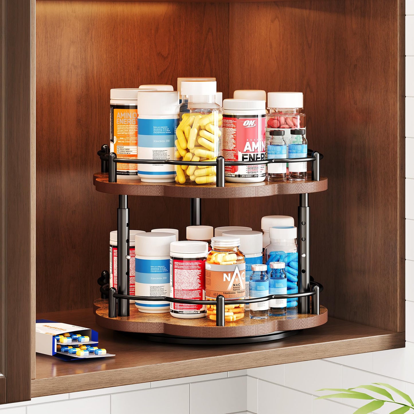 Spice Rack Lazy Susan Organizer for Cabinet, Rotating Spice Organization 2 Tier Adjustable Lazy Susan Turntable Spice Cabinet Organizer for Kitchen Countertop & Pantry, Wood 10 Inch Seasoning Storage