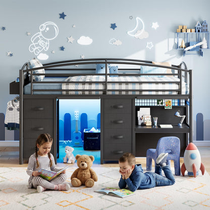 Low Loft Bed Twin Size with 7 Storage Drawers, Desk and LED Lights, Heavy Duty Metal Kids Loft Bed with 13.8" H Safety Guardrail, Anti-Collision Pad, Private Play Curtain, Under-Bed Play Space - Black