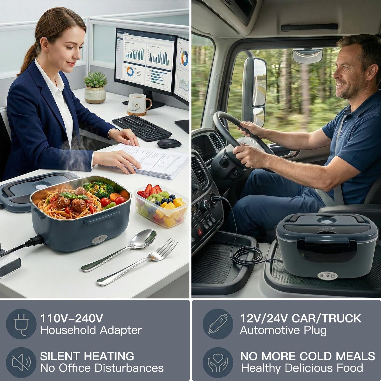 MEGAWISE Electric Lunch Box 1.5L with 304 Stainless Steel Container, 3-in-1 Food Heating Lunch Box for Adults, Food Warmer for Car, Truck, Office, Includes Utensils & Carry Bag (Charcoal Gray)