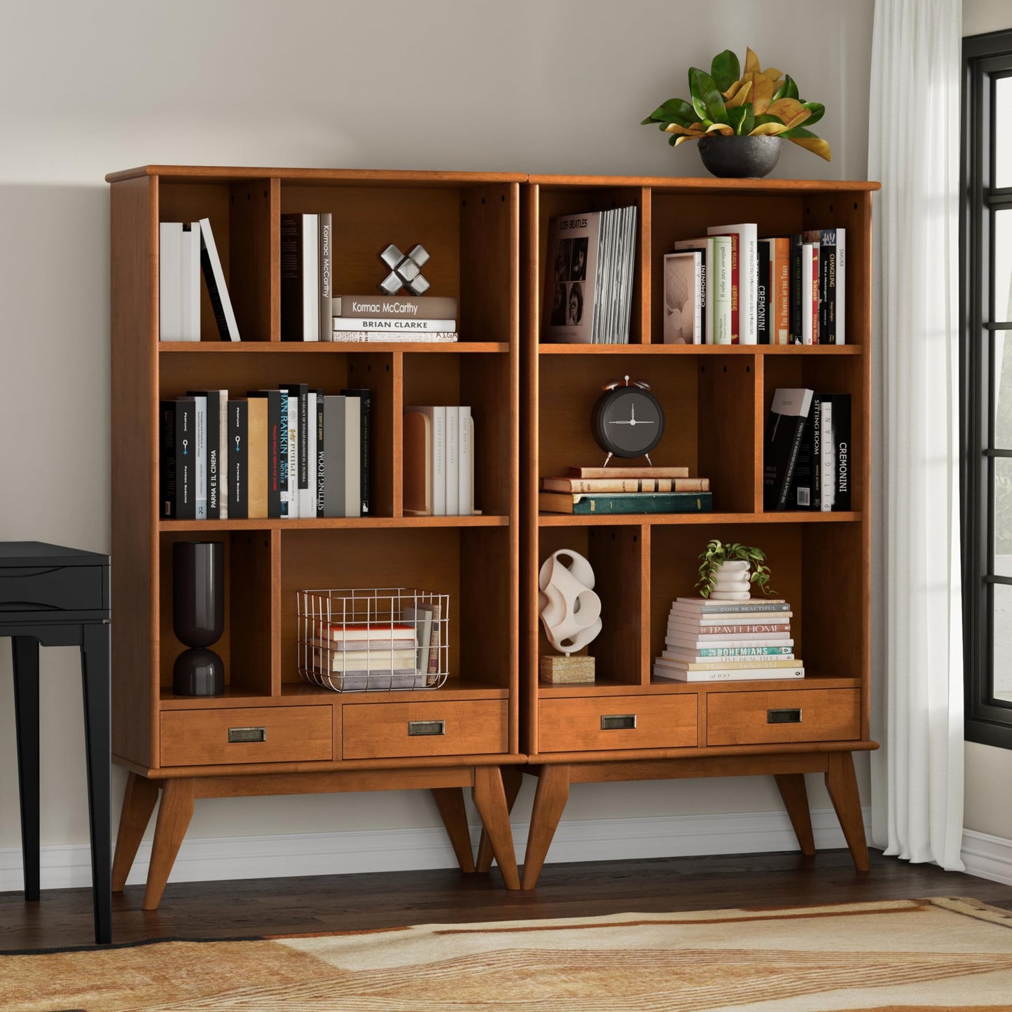 SIMPLIHOME Draper 35 inch Mid-Century Modern 6 Cubbie Bookcase with Drawer (Set of 2) in Teak Brown for the Living Room, Study Room and Office