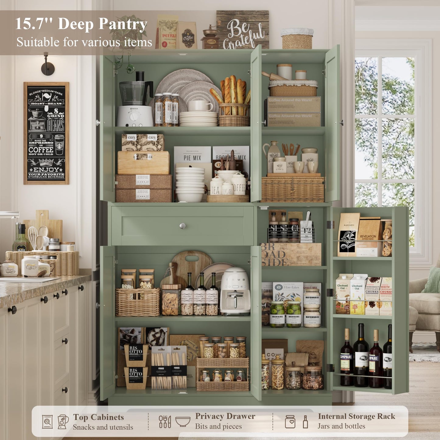 HOSTACK 68" Tall Kitchen Pantry Storage Cabinet, Modern Kitchen Hutch Cabinet with Doors and Shelves, Freestanding Food Pantry with Large Storage Drawer for Dining Room, Living Room, Green