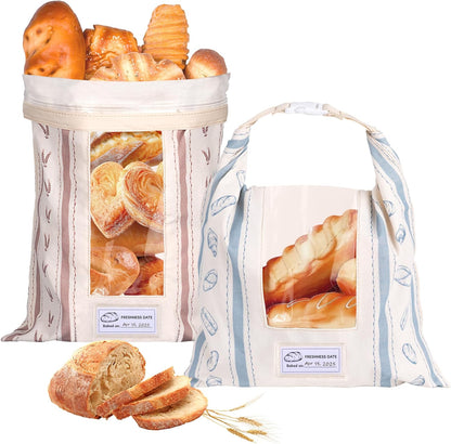 Tag(2 Pack) Reusable Bread Bags, Cotton & TPU Lining Bread Bags with Transparent Window, Anti-Slip Lock Keeps Homemade