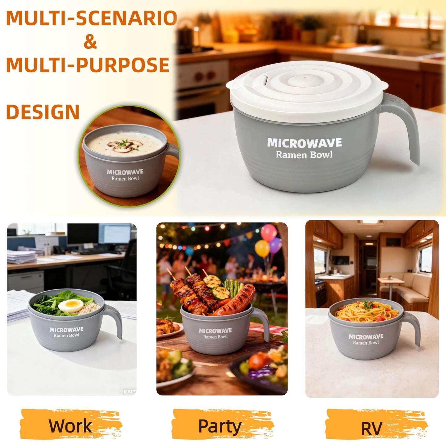 Layron Ramen Cooker Bowl - 45 oz Microwaveable Noodle Bowl Ramen in few Minutes- BPA Free and Dishwasher Safe Set with Chopsticks Perfect for Dorm, Small Kitchen, or Officee (grey)