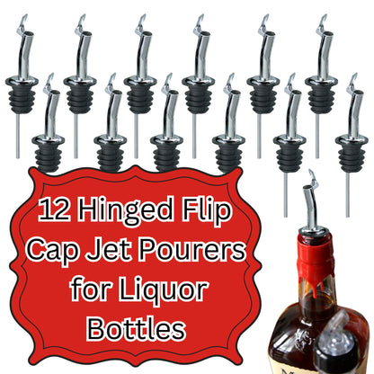 Tablecraft Wine Liquor Bottle Pourers, Hinged Flip Cap Jet Pourer, Dispenser Bar Tool for Controlled Pouring of Alcohol Drinks and Shots, Foodservice Jet Spout with Flip Cap for Bars, 12 Pieces