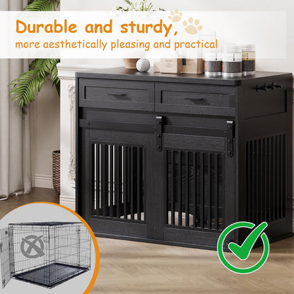 44.5''Large Dog Crate Furniture with 2 Storage Drawers,Heavy Duty Dog Kennel Indoor with Hook,Dog Kennel End Table TV Stand, Farmhouse Style Dog Crates with Sliding Barn for Medium/Large Dogs,Black