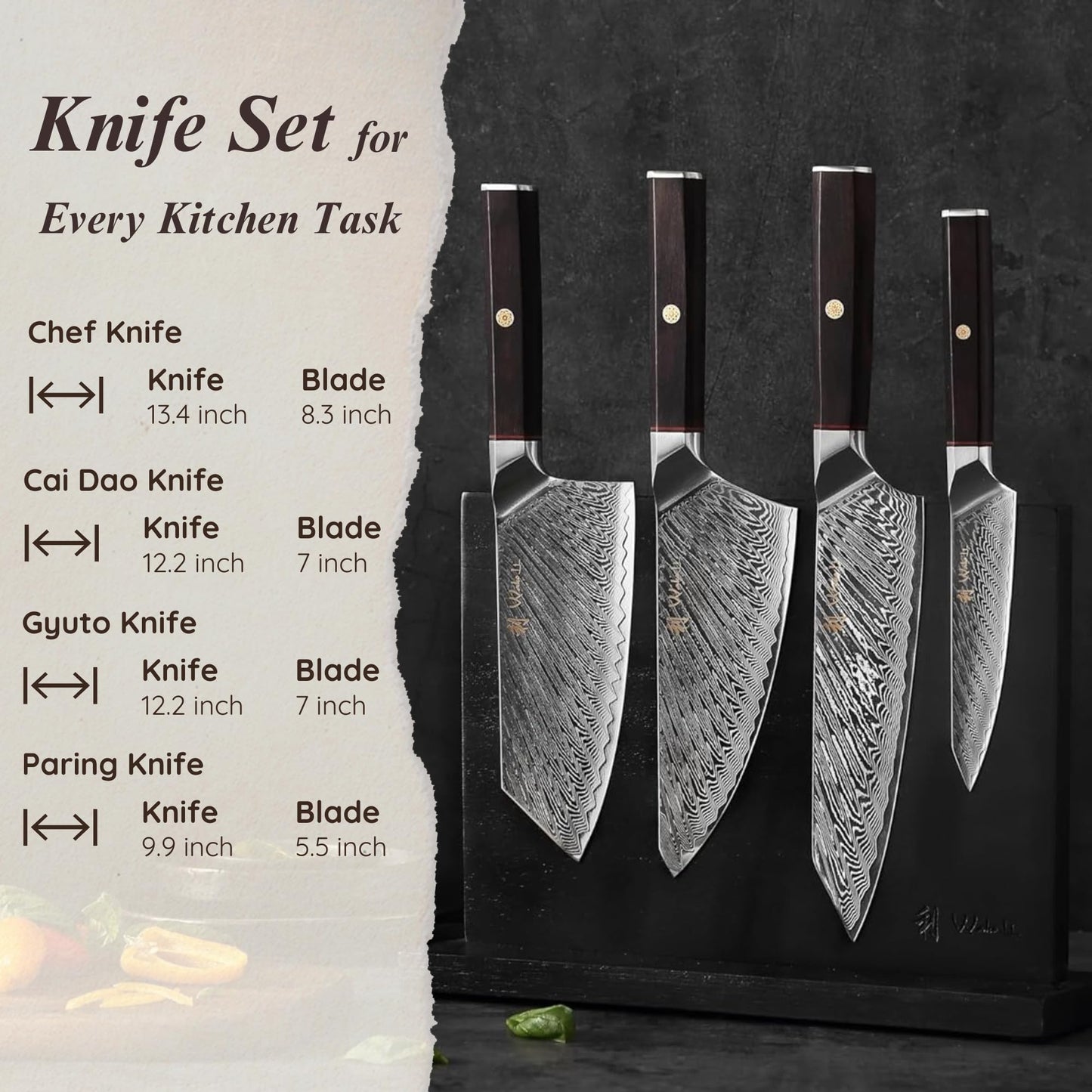 Wakoli Culinary Asia Damascus 4-Piece Knife Block Set with Magnetic Block – Professional Kitchen Knives made of 67-Layer Damascus Steel Blades & VG10 Core – Ergonomic Dark Oak Wood Handles in Gift Box