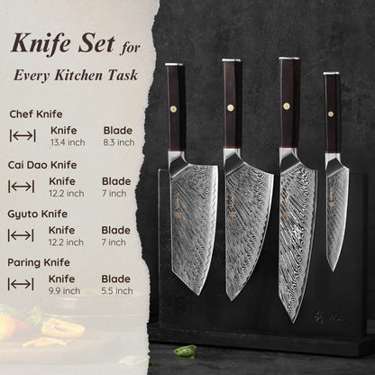 Wakoli Culinary Asia Damascus 4-Piece Knife Block Set with Magnetic Block – Professional Kitchen Knives made of 67-Layer Damascus Steel Blades & VG10 Core – Ergonomic Dark Oak Wood Handles in Gift Box
