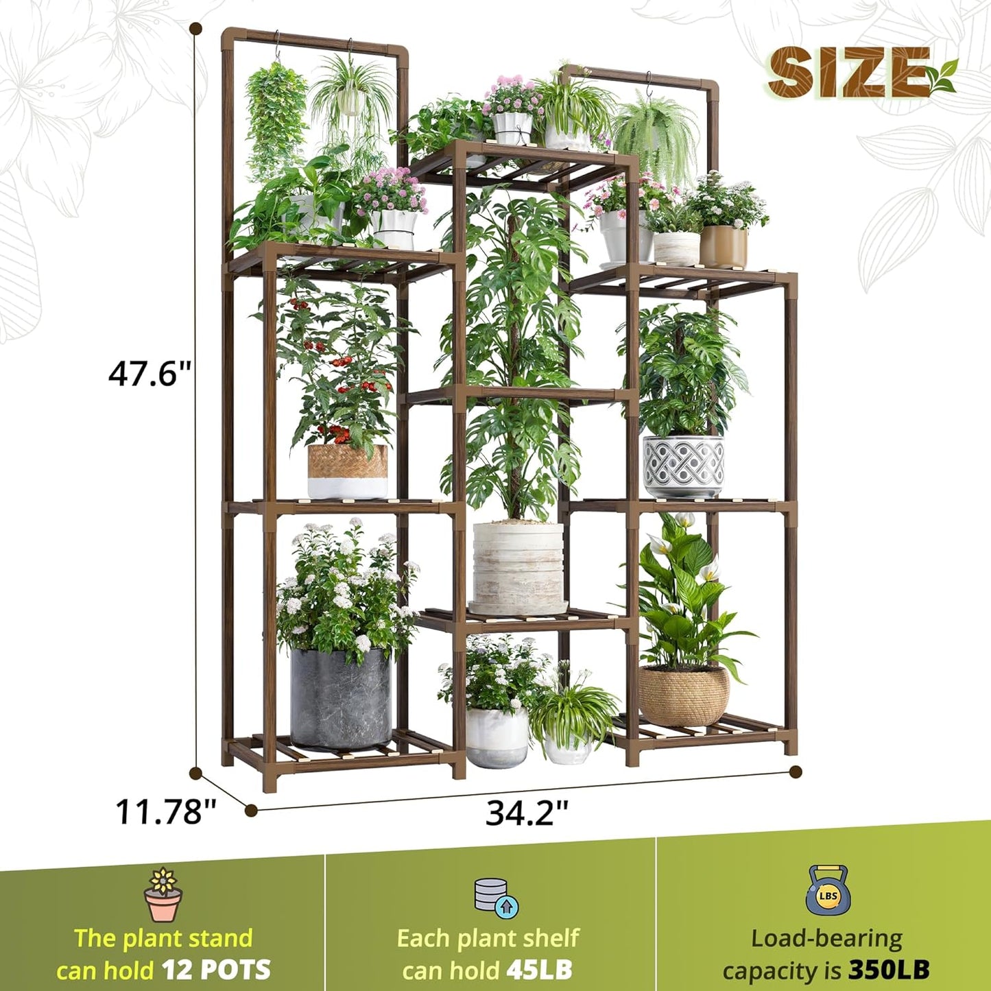 10-12 34.2 Wx47.6 Hx11.78 EnHomee Plant Stand Indoor Tall Plant Stand Outdoor Large Wood Plants Shelf with Pots