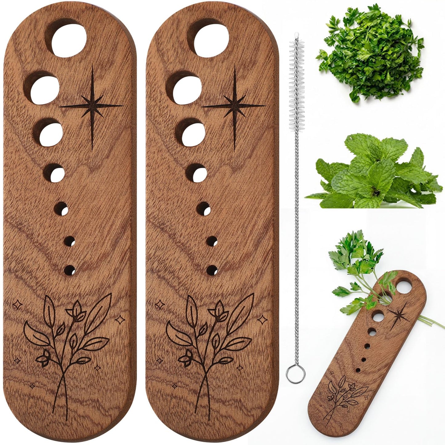 LemonRoad 2 Pcs Wooden Vegetable Leaf Separator Herb Stripper Tool Supplies with Cleaning Brush Wood Leaf Peeler Tool 7 Hole Sizes Fun Kitchen Gadget Herb Stripper Bowl Gifts for Home Cooks Chefs