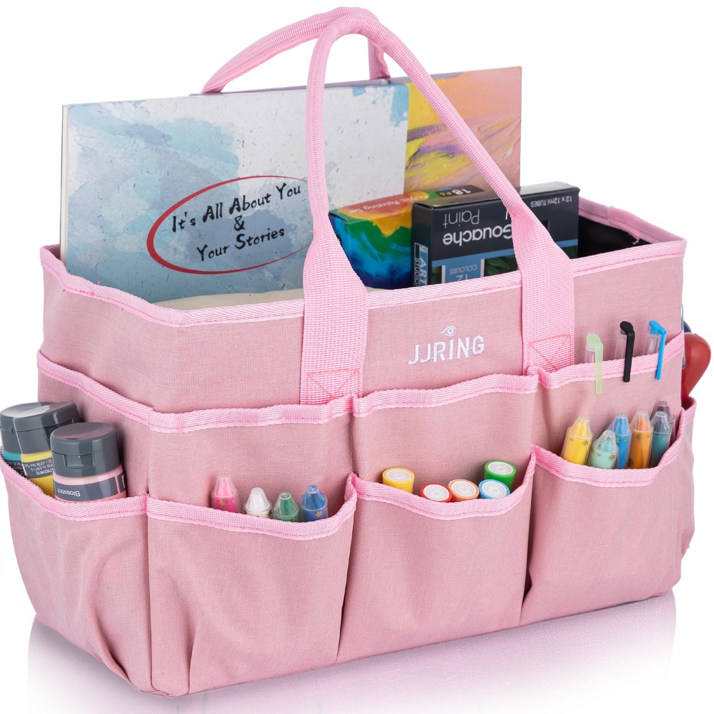 JJRING Craft Tote Bag Organizer for Art Storage, Art Tote Organization with Multiple Pockets, Art Sewing Supply Bag for Scrapbooking, Medical, and Office Supplies Storage (Pink)