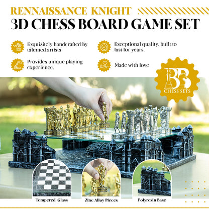 BB Chess Sets - Renaissance Knight 3D Chess Set – Unique Chess Board Set - Durable Gold and Silver Metal Pieces - Tempered Glass Board and Polyresin Base