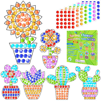 Qyeahkj 6Pcs Spring Arts Crafts Kit for Kids DIY Window Suncatcher Potted Gemstone Stickers Plant Gem Diamond Painting Gifts for Girls Boys School Home Activity Birthday Party Supplies