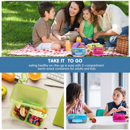 Greentainer 4 Pack Snack Containers with Lids for Kids, 2 Compartment Reusable Bento Lunch Box with Cute Forks, Divided BPA-Free Plastic Food Storage & Meal Prep for School, Travel, Fruits & Snacks