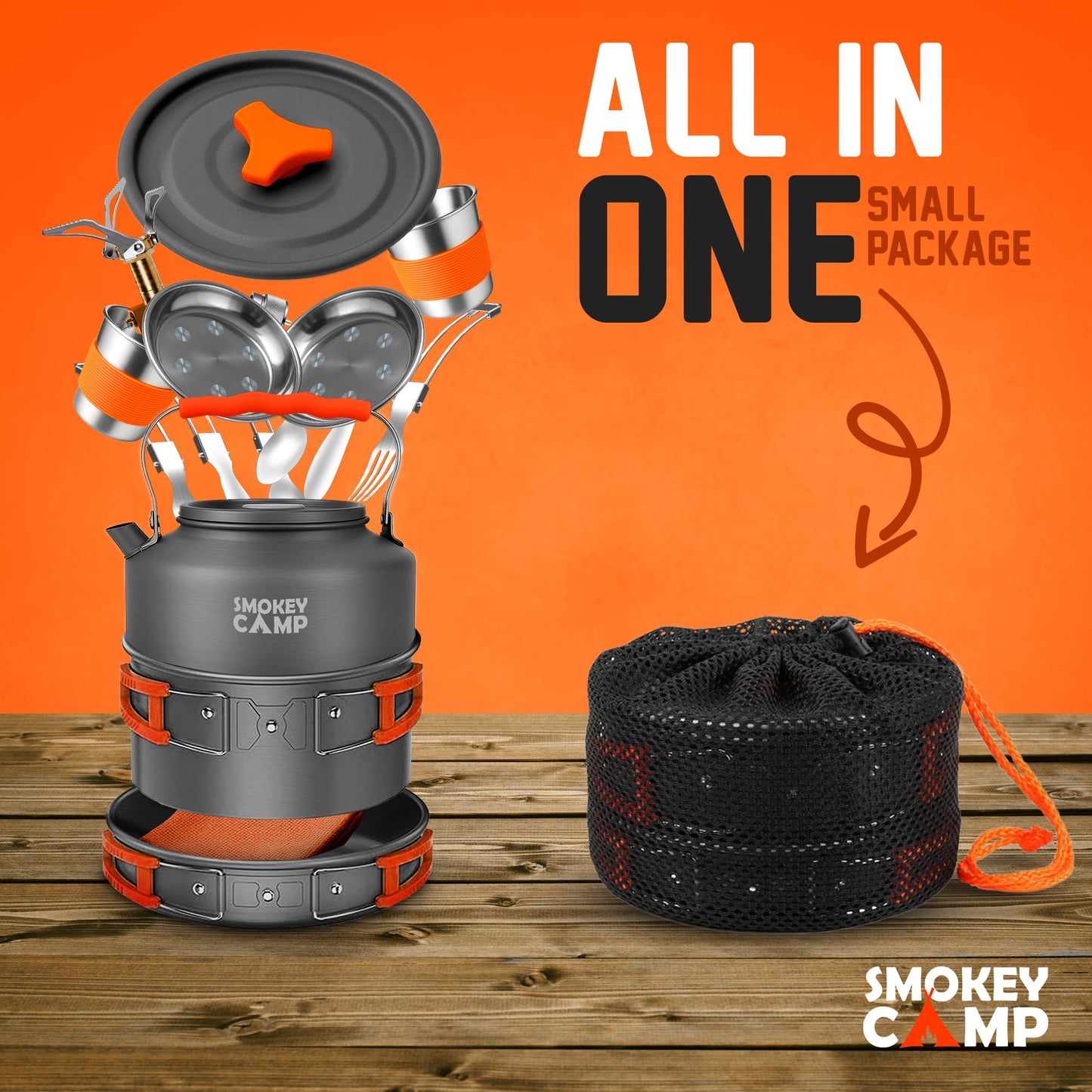 18 Pcs Smokey Camp Backpacking Cooking Set with Stove & Adapter - Pot, Pan, Kettle, Stove, Cutlery, Compact Camping Cookware Mess Kit, All in One Non-Stick Camping Cooking Set, Hiking, Picnic