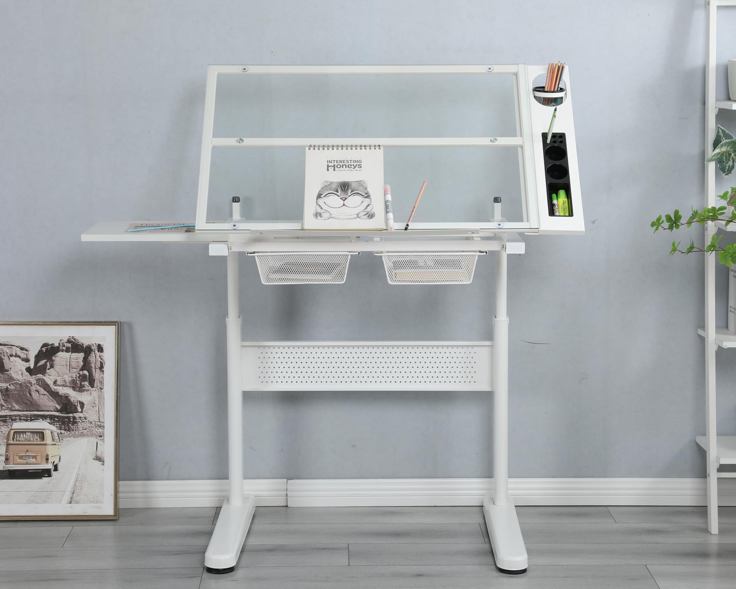 GOWE Hand Crank Adjustable Drafting Table Drawing Desk with 2 Metal Drawers (White) with Stool