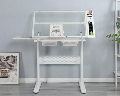 GOWE Hand Crank Adjustable Drafting Table Drawing Desk with 2 Metal Drawers (White) with Stool