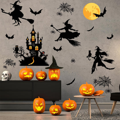 Halloween Decorations Decals Witches Wall Decor Black Bats Castle Stickers Halloween Wall Decal Peel and Stick Halloweens Party Supply Scary Spider Vinyl Sticker Art Murals for Home Window Door Decor