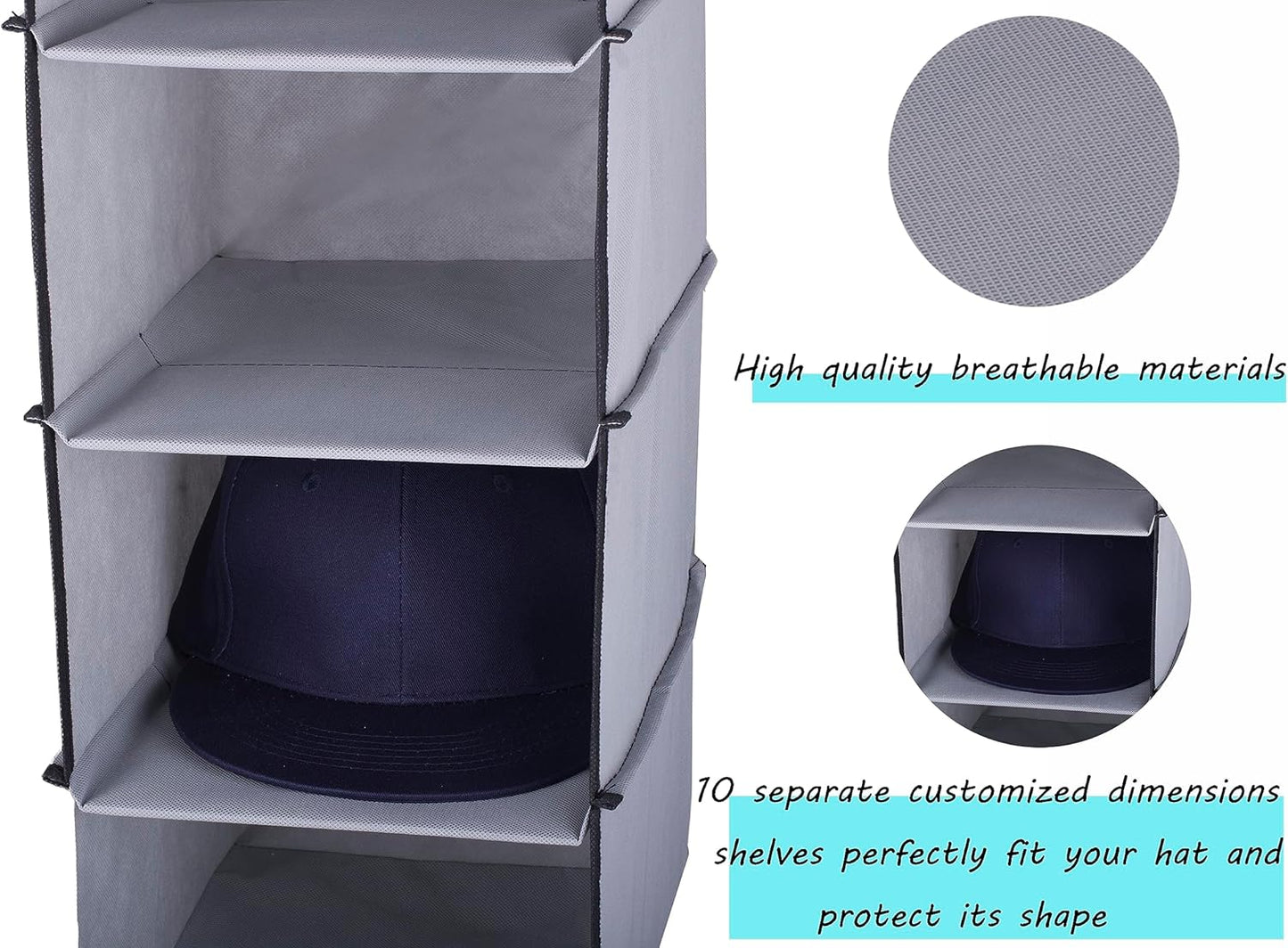 GRANDAN Hat Rack with Upgrade Metal Hooks, 10 Shelf Hanging Closet Organizer for Baseball Caps, Gray