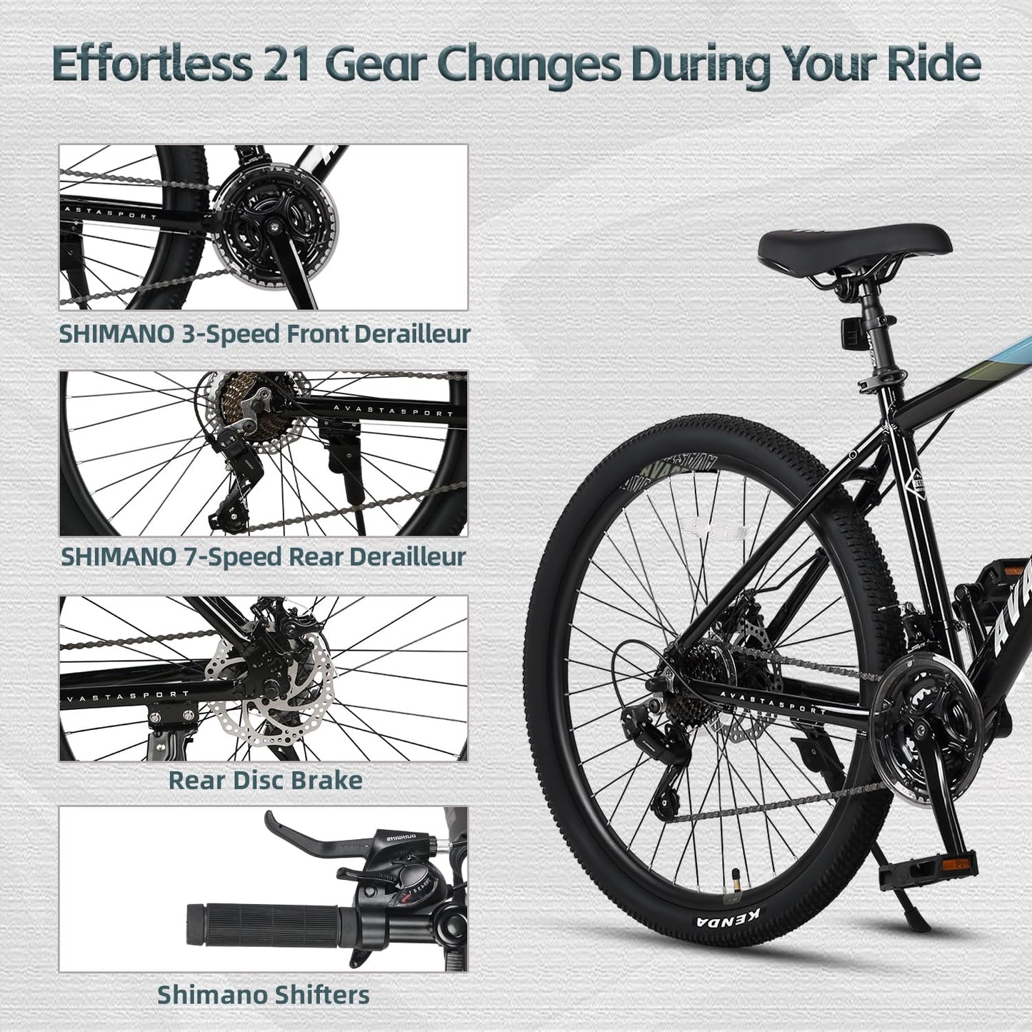 AVASTA 27.5-inch Mountain Bike for Man Male and Woman Female Adult with Lightweight Aluminum Alloy Frame and Dual Disc Brakes,Front Suspension,21-Speed Gear Shifters,Hidden Brake Cables,Blue