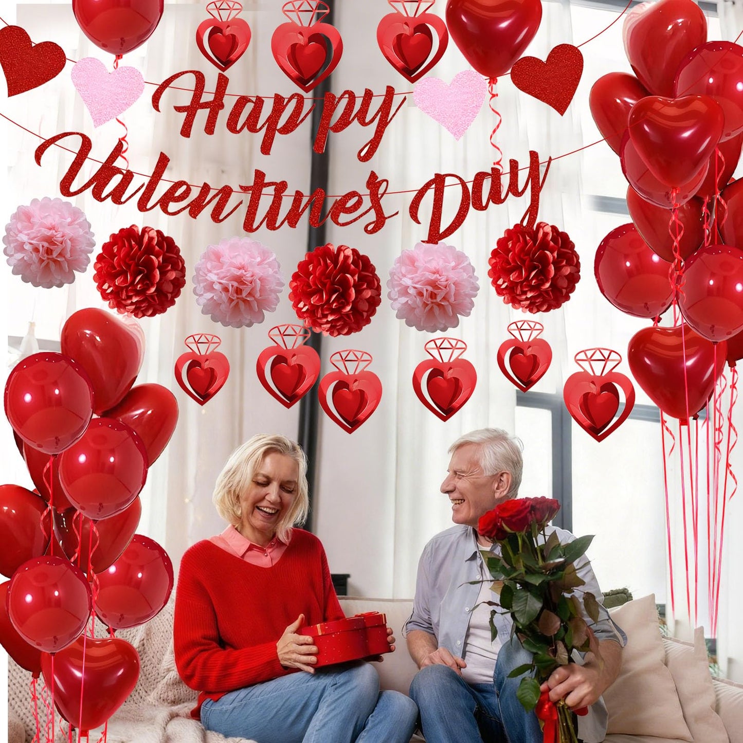 Valentines Day Decorations, Happy Valentines Day Banner and Red Heart Balloons for Valentines Decor with Paper Flowers and Heart Hanging Decor
