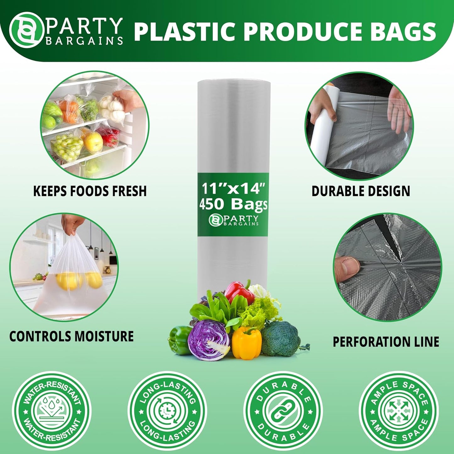 PARTY BARGAINS 11" x 14" Plastic Produce Bags on a Roll - 900 Clear Grocery and Bread Bags, Convenient Pack