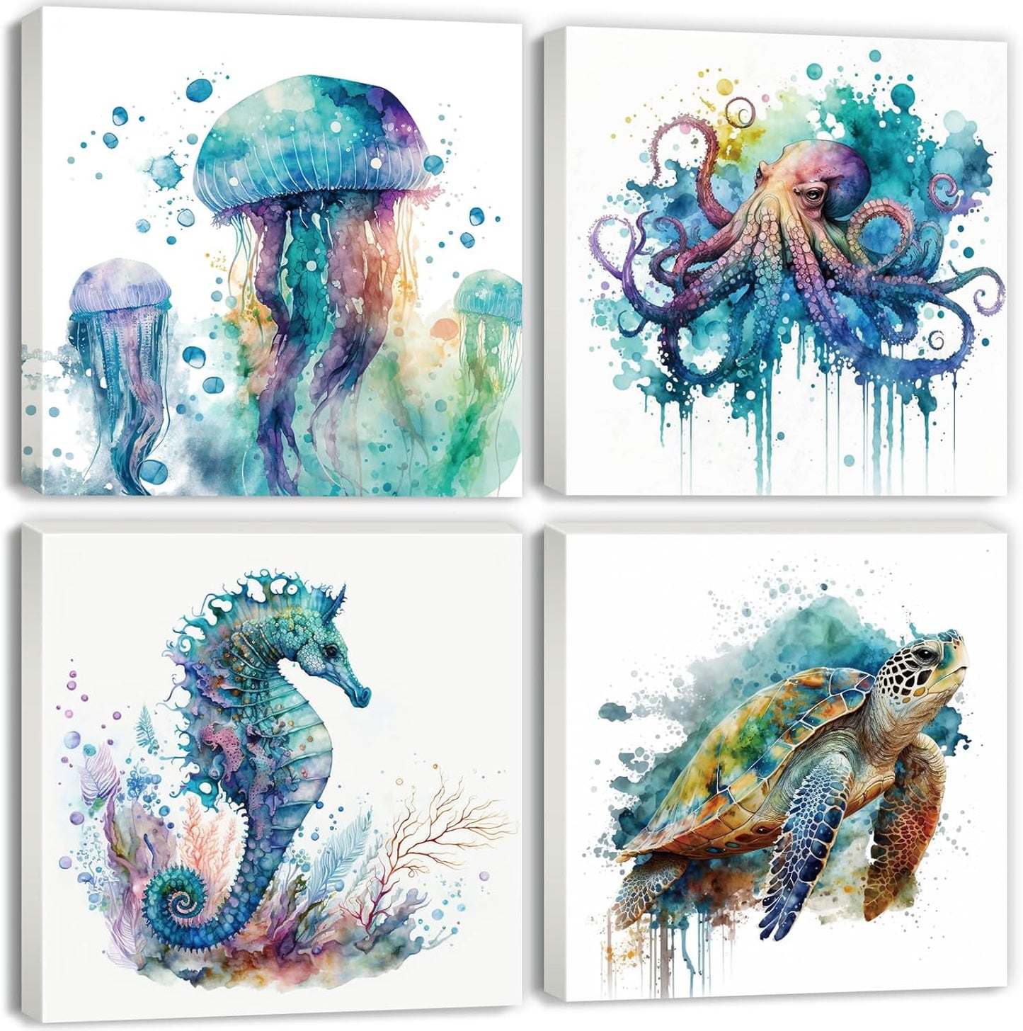 16x16" 4P Sea Turtle Bathroom Decor Ocean Animals Canvas Wall Art Nautical Theme Teal Octopus Pictures Nursery Kids