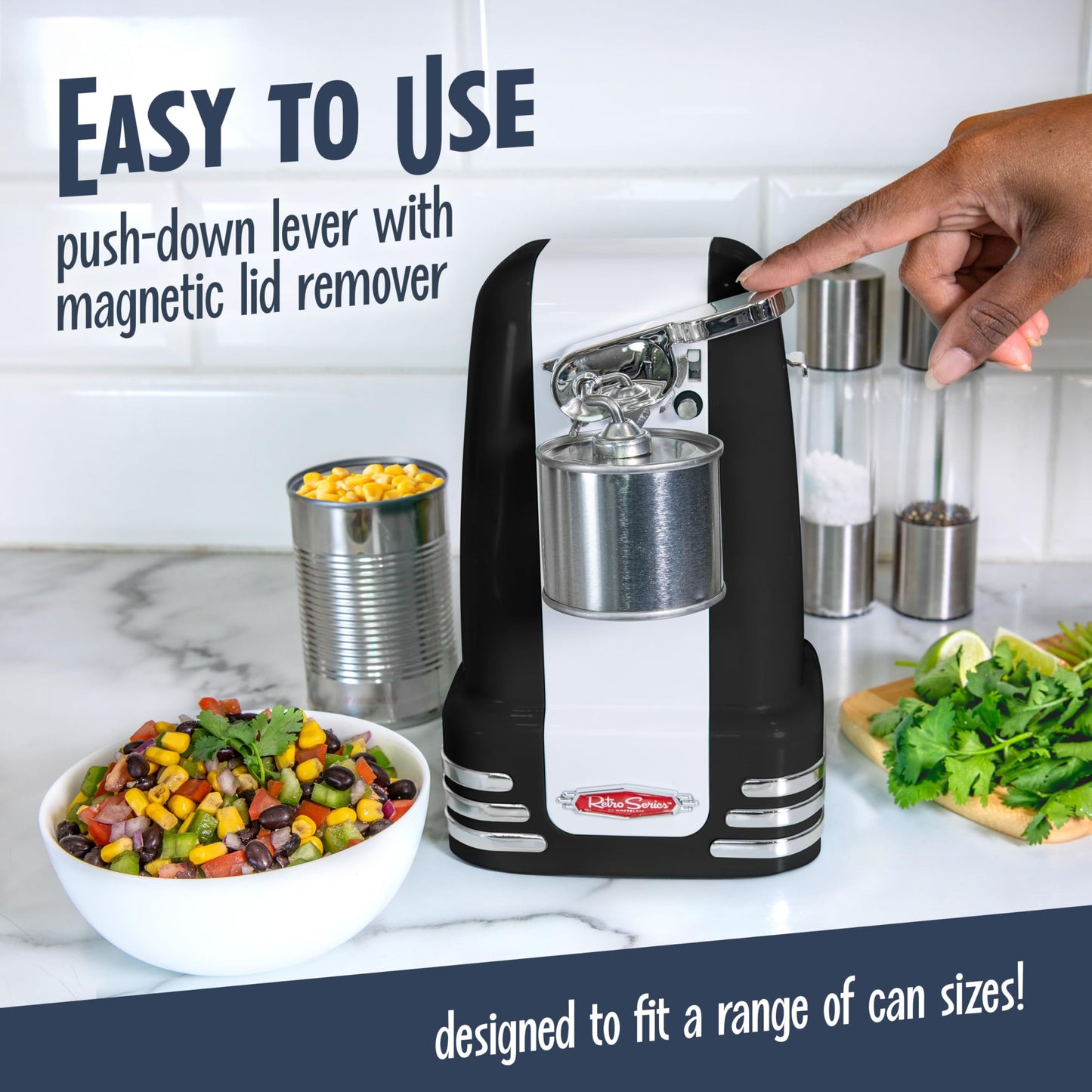 Nostalgia Retro Electric Can Opener for Kitchen with Magnetic Lid Remover, Knife Sharpener, and Soda or Beer Bottle Opener, Black