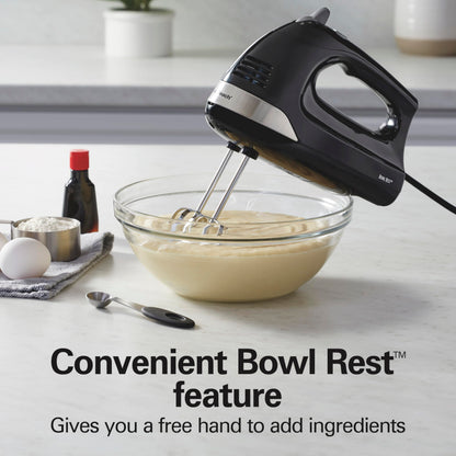 Hamilton Beach 6-Speed Electric Hand Mixer with Whisk, Dough Hooks and Easy Clean Beaters, Powerful 275 Watt Motor, Snap-On Storage Case, Black