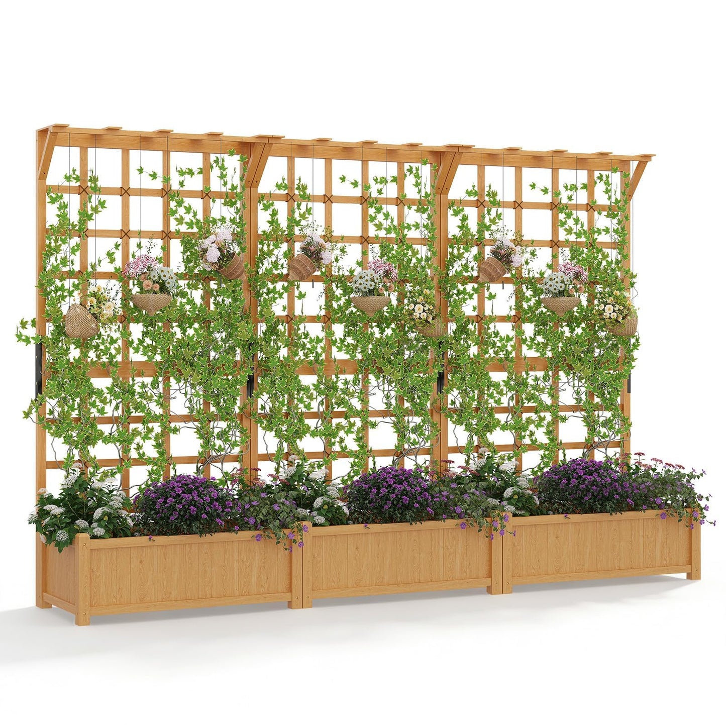 Aoxun 108" Raised Garden Bed with Trellis, Wood Planter Container with Hanging Roof & Garden Boxes for Climbing Plants Flowers Vine (3 piece)