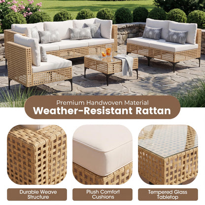 Devoko Patio Furniture Set,7 Pieces Outdoor Wicker Sectional Couch with Thick Cushions &Glass Tabletop, PE Rattan Backyard Conversation Sofa with Coffee Table for Deck, Porch